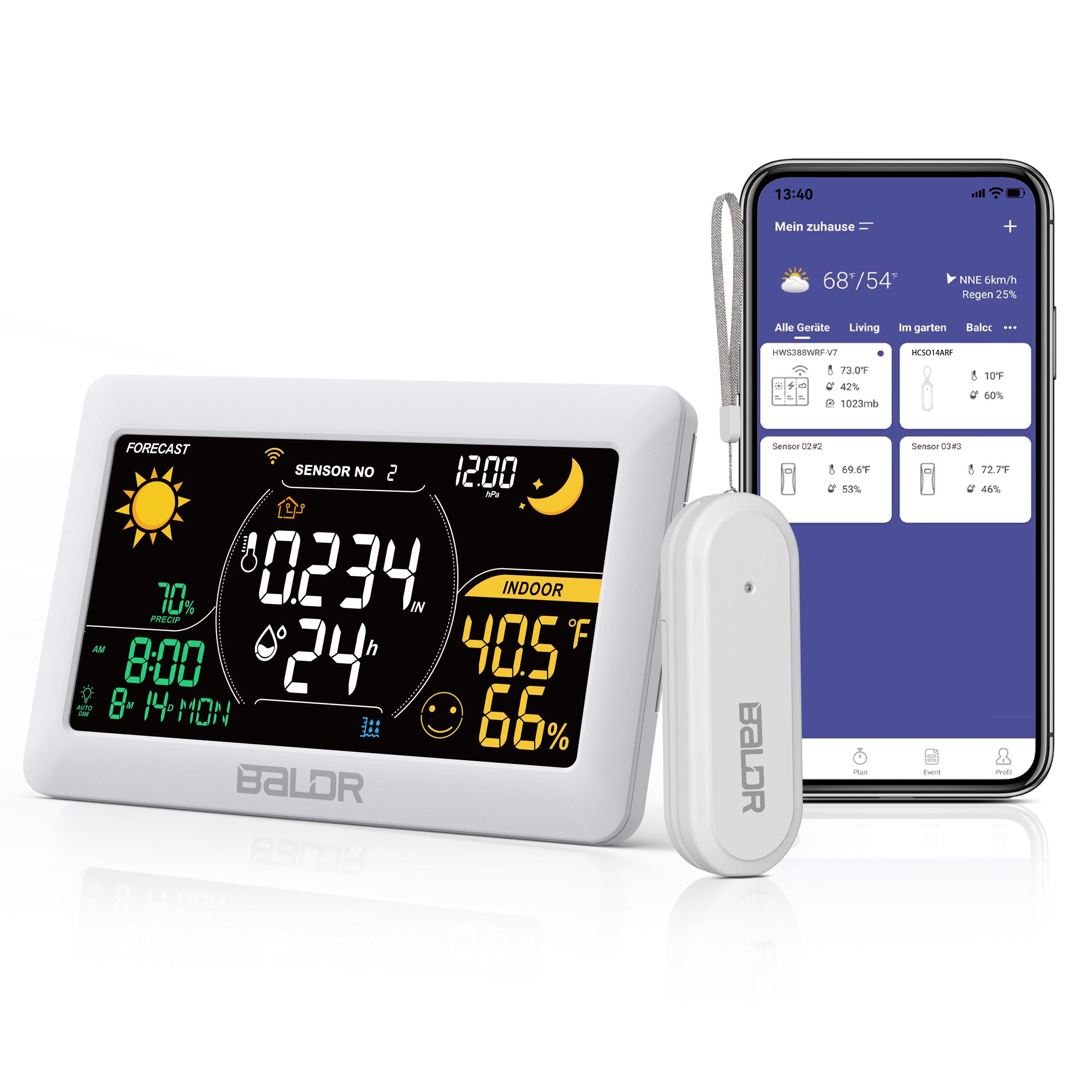 BALDR Draadloos weerstation met buitensensor, digitaal kleurendisplay BALDR Draadloos weerstation met buitensensor, digitaal kleurendisplay