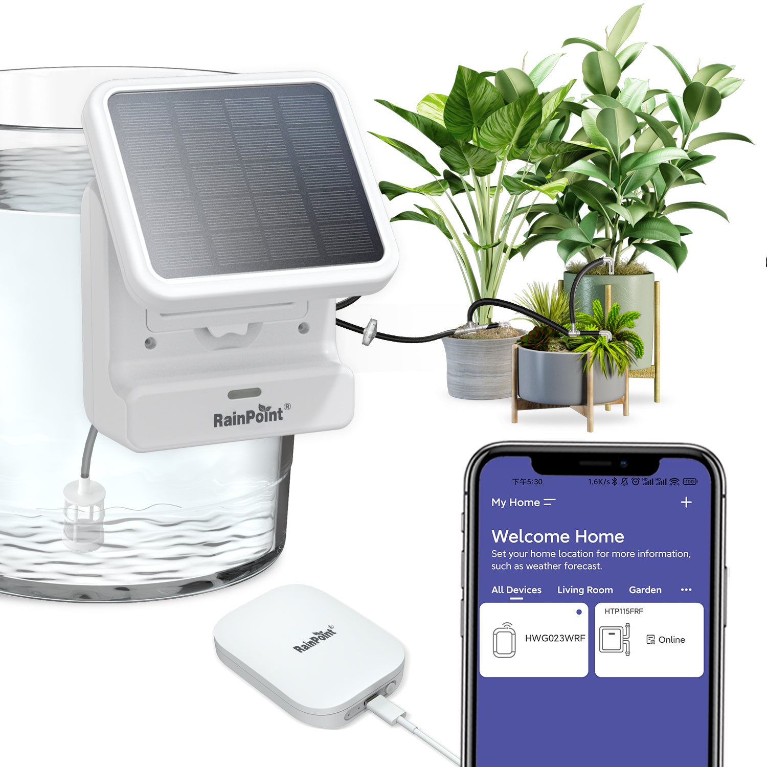 RainPoint Wi-Fi App-Controlled Indoor Watering Timer, Solar Panel Powered Pump, Rain Delays, Smart Scheduling for House Plants While You are Away, Includes Mini Wifi Gateway Hub