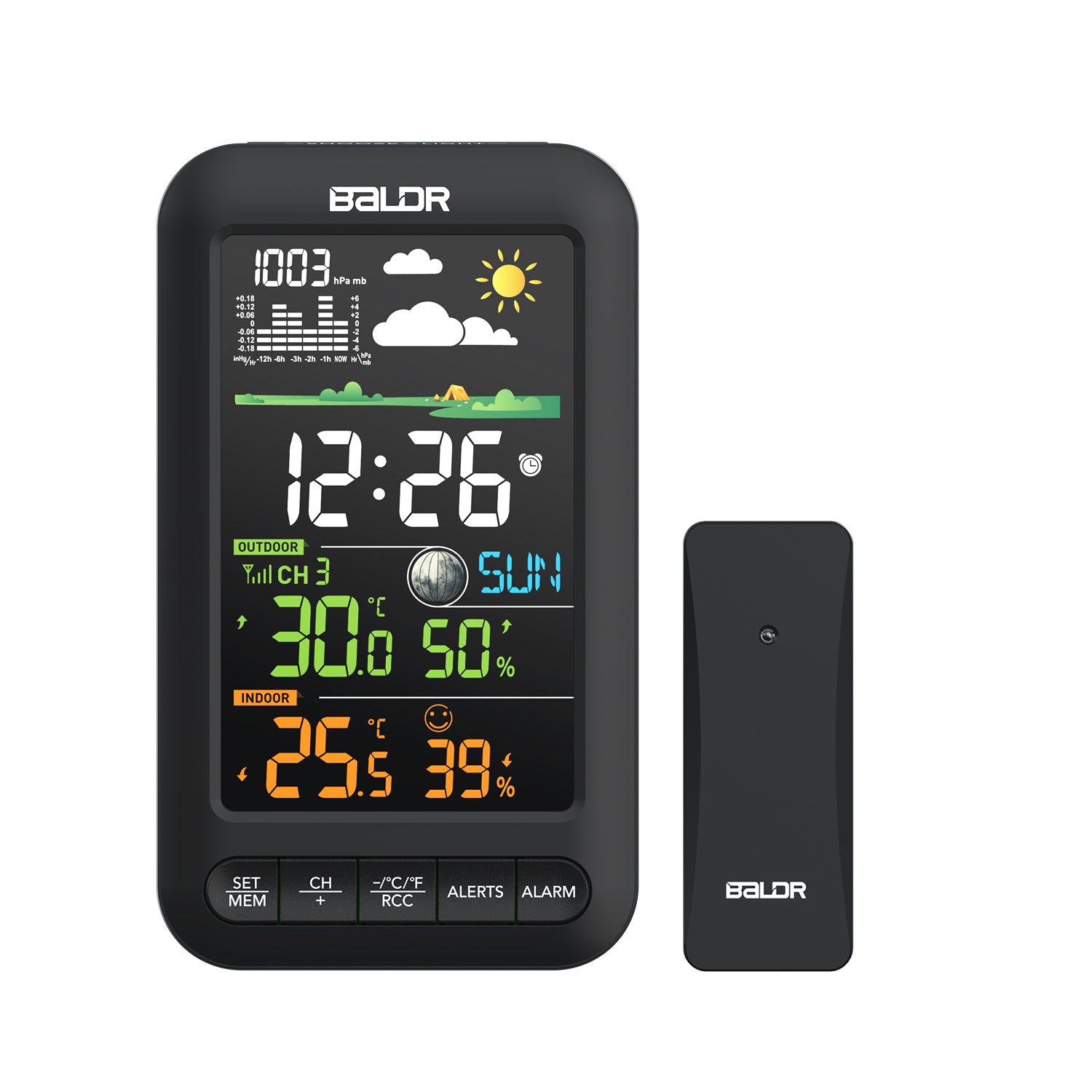 BALDR Wireless Weather Station with Large Clear Display, Indoor Outdoor Thermometer, Remote Sensor, Atomic Clock, Moon Phase, Barometric Pressure, Temperature Humidity Monitor, Alerts, Black
