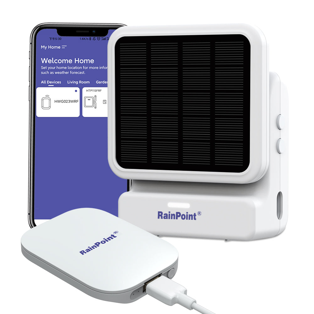 RainPoint Wi-Fi App-Controlled Indoor Watering Timer, Solar Panel Powered Pump, Rain Delays, Smart Scheduling for House Plants While You are Away, Includes Mini Wifi Gateway Hub