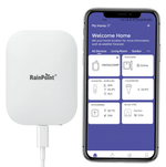 White square RainPoint Wi-Fi gateway with a USB cable next to a smartphone displaying the My Home app interface.