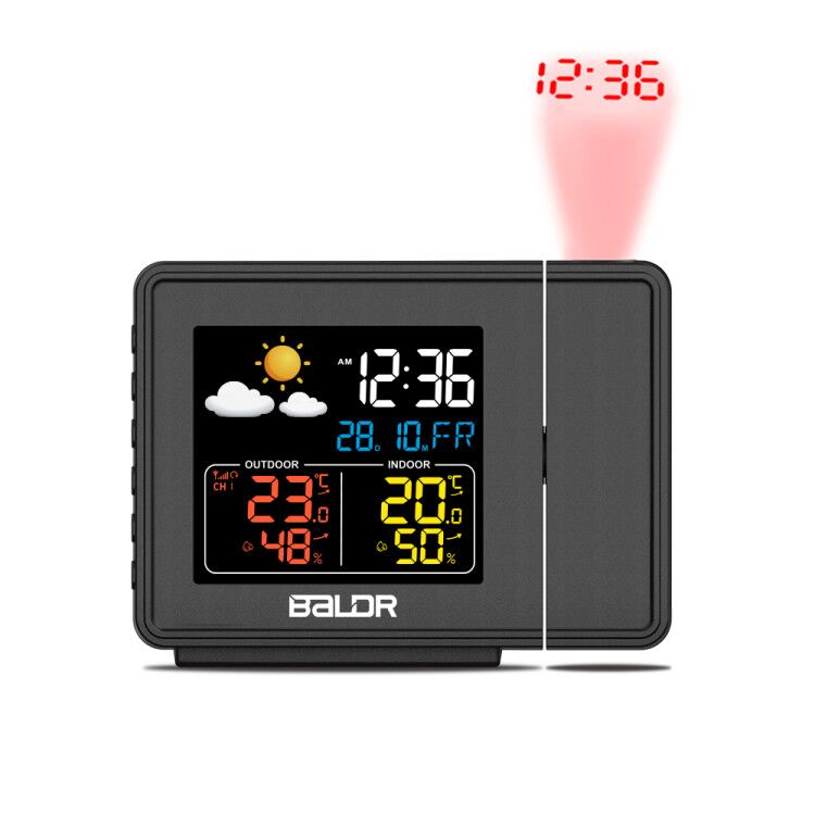 Baldr Atomic Alarm Clock with Projection Display, Indoor and Outdoor Temperature, Humidity Meter, Weather Forecasting, and more