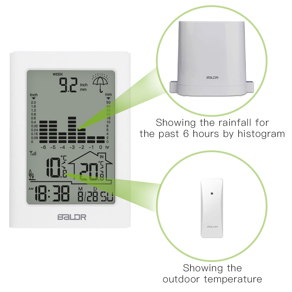 BALDR Wireless Rain Gauge with Remote Sensor, Rainfall Meter, Weather Station with Indoor and Outdoor Temperature Monitor