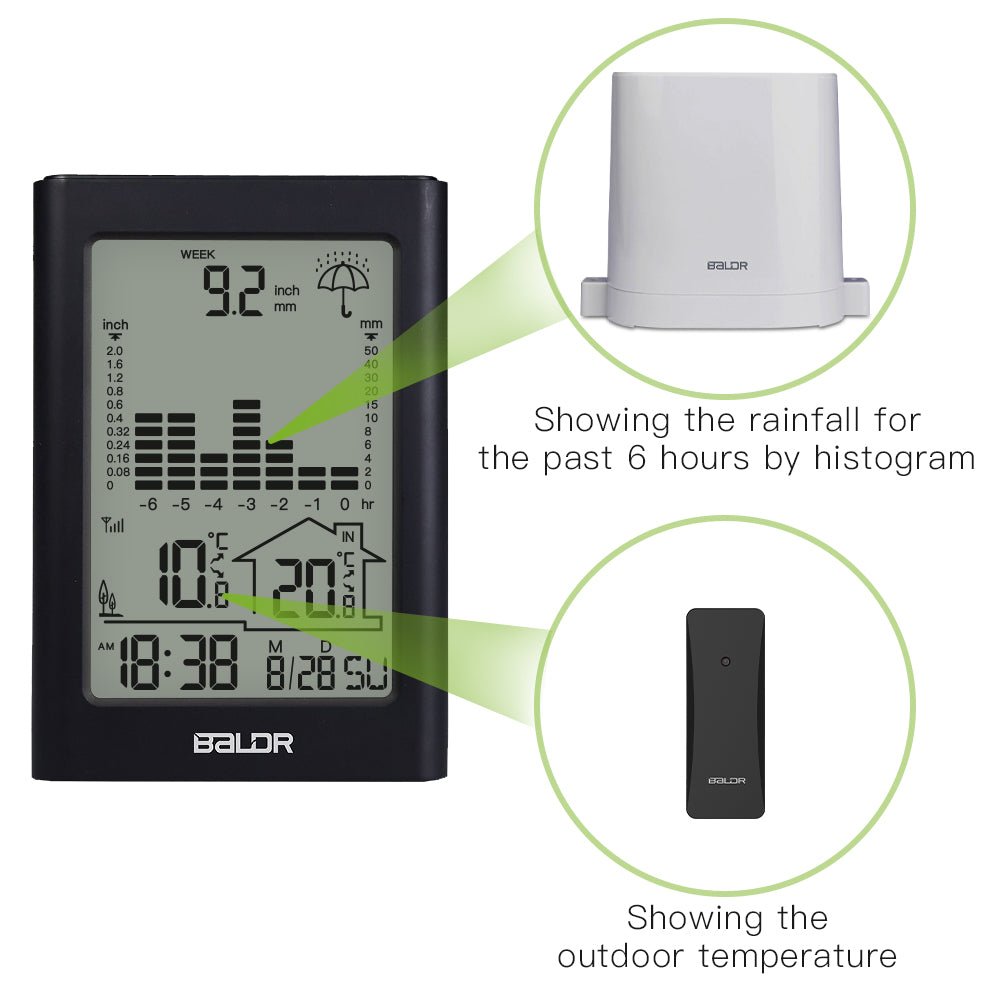 BALDR Wireless Rain Gauge with Remote Sensor, Rainfall Meter, Weather Station with Indoor and Outdoor Temperature Monitor