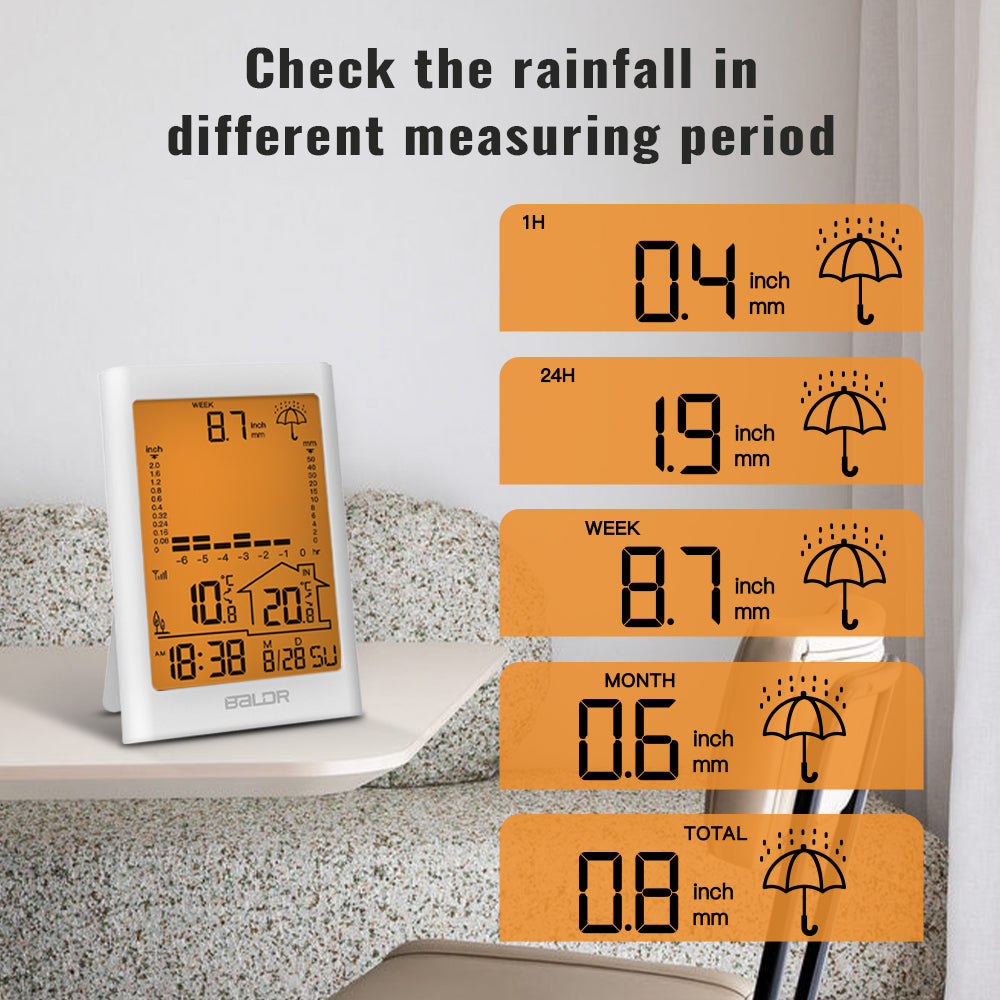 BALDR Wireless Rain Gauge with Remote Sensor, Rainfall Meter, Weather Station with Indoor and Outdoor Temperature Monitor