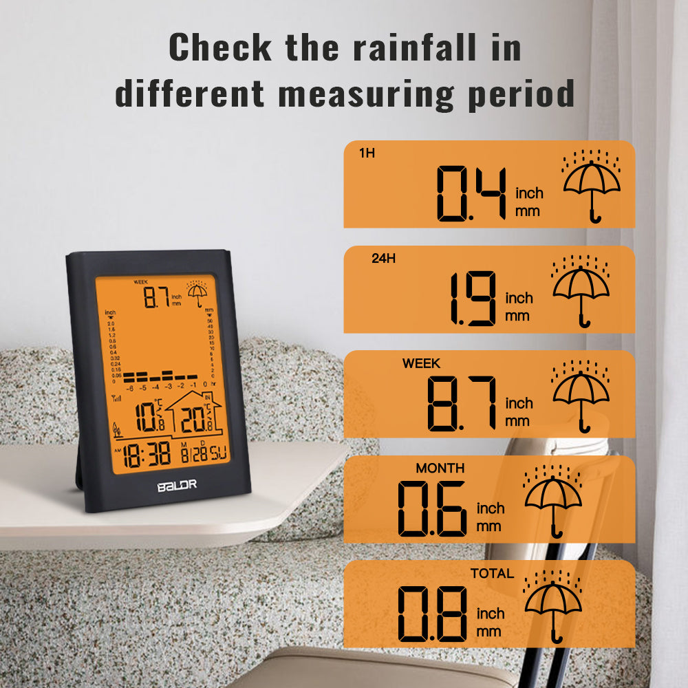 BALDR Wireless Rain Gauge with Remote Sensor, Rainfall Meter, Weather Station with Indoor and Outdoor Temperature Monitor