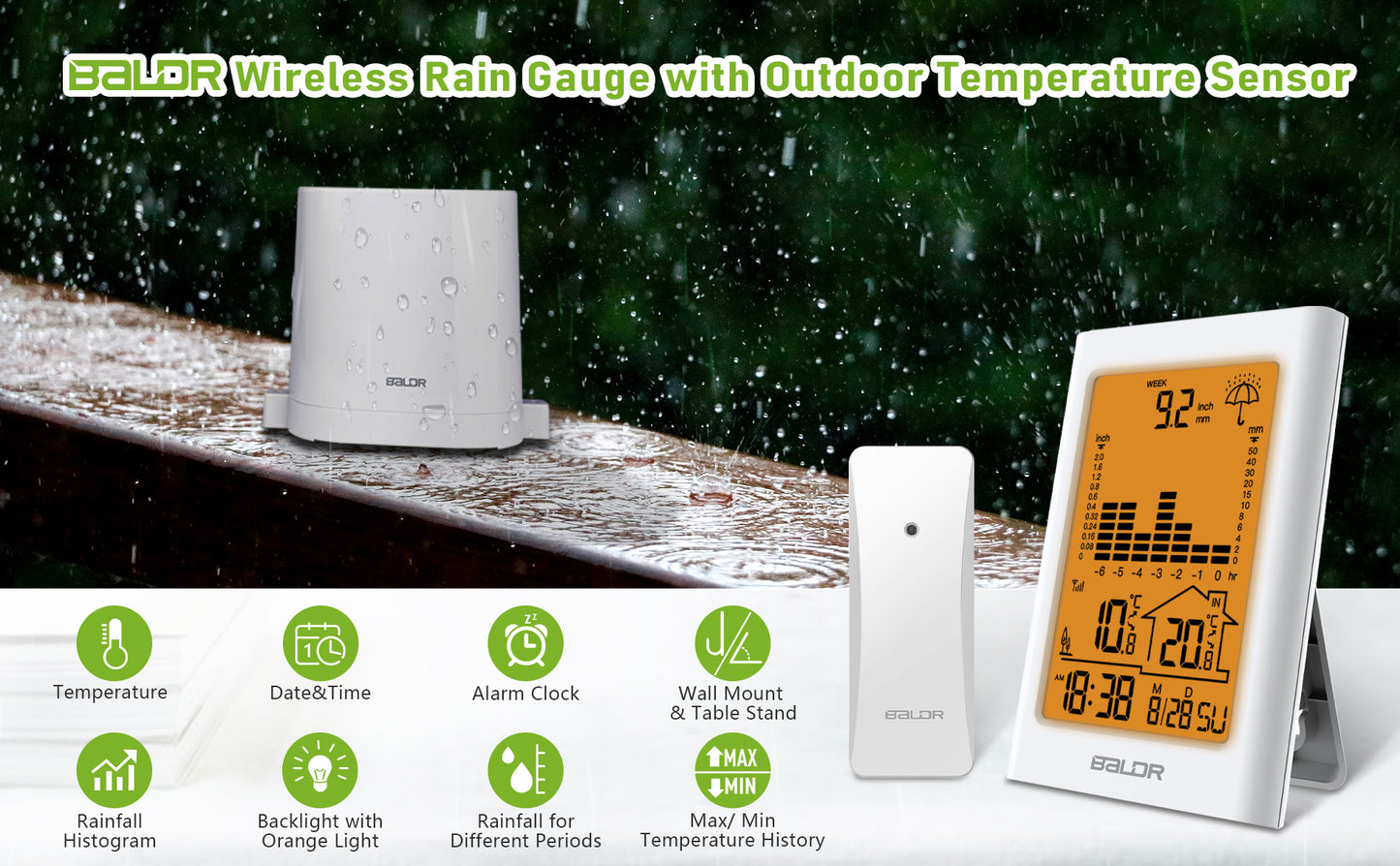 BALDR Wireless Rain Gauge with Remote Sensor, Rainfall Meter, Weather Station with Indoor and Outdoor Temperature Monitor