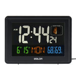 BALDR Atomic Alarm Clock with color backlit display, ideal for bedrooms and offices. Features include atomic RCC receiving function for automatic time setup, easy-to-read large display showing time, day, temperature, and vivid moon phases. Sharp LCD display with adjustable brightness ensures visibility day or night without sleep disruptions. Convenient snooze function, reliable battery backup, and automatic daylight saving time adjustment for hassle-free use. A versatile addition to any room for clear time.