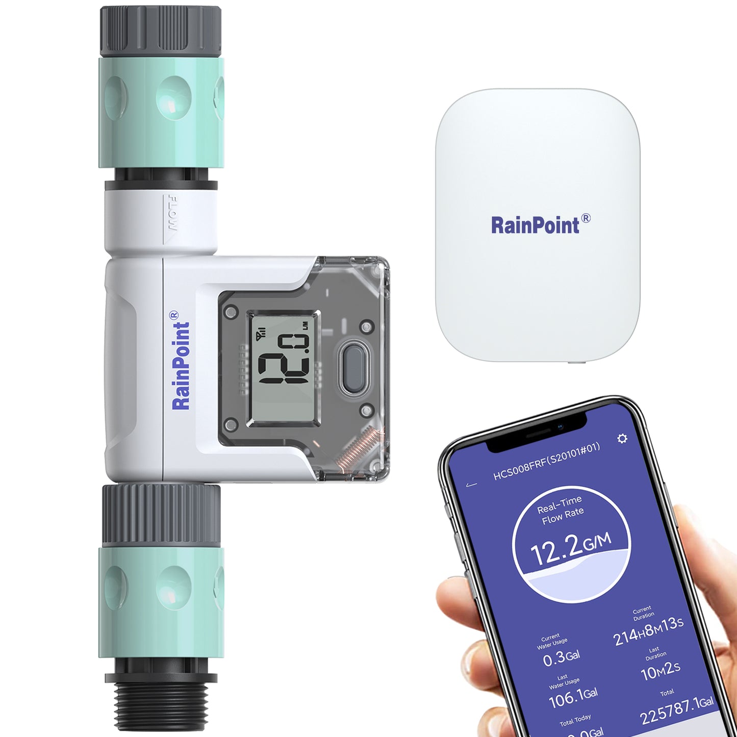 RainPoint Wi-Fi Water Flow Meter for Garden Hose - Smart Water Meter for Garden Hose with 4 Flow Modes, Real-Time Flow Tracking, Easy Reading Display, Usage Alerts - Optional WiFi Gateway Hub