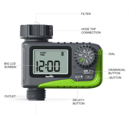 RAINPOINT Sprinkler Timer, Programmable Water Timer for Garden Hose, Outdoor Soaker Hose Timer with Rain Delay/Manual/Automatic Watering System, Digital Irrigation Timer for Yard, Lawn, 1 Outlet