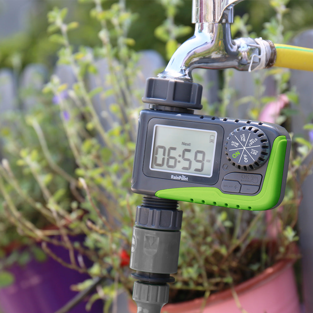 RAINPOINT Sprinkler Timer, Programmable Water Timer for Garden Hose, Outdoor Soaker Hose Timer with Rain Delay/Manual/Automatic Watering System, Digital Irrigation Timer for Yard, Lawn, 1 Outlet
