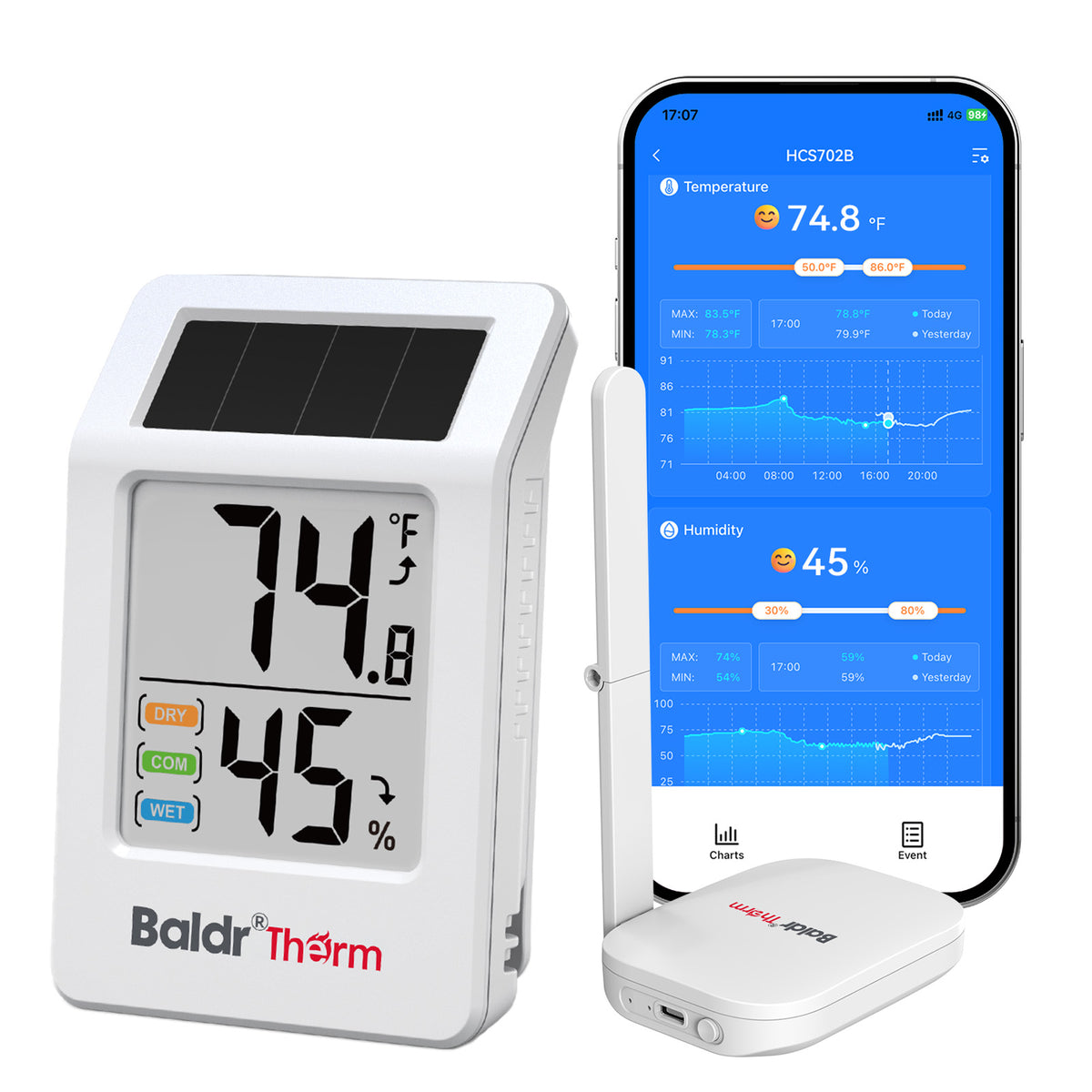 White BaldrTherm solar-powered digital thermometer and hygrometer with a small white hub and a smartphone app display.