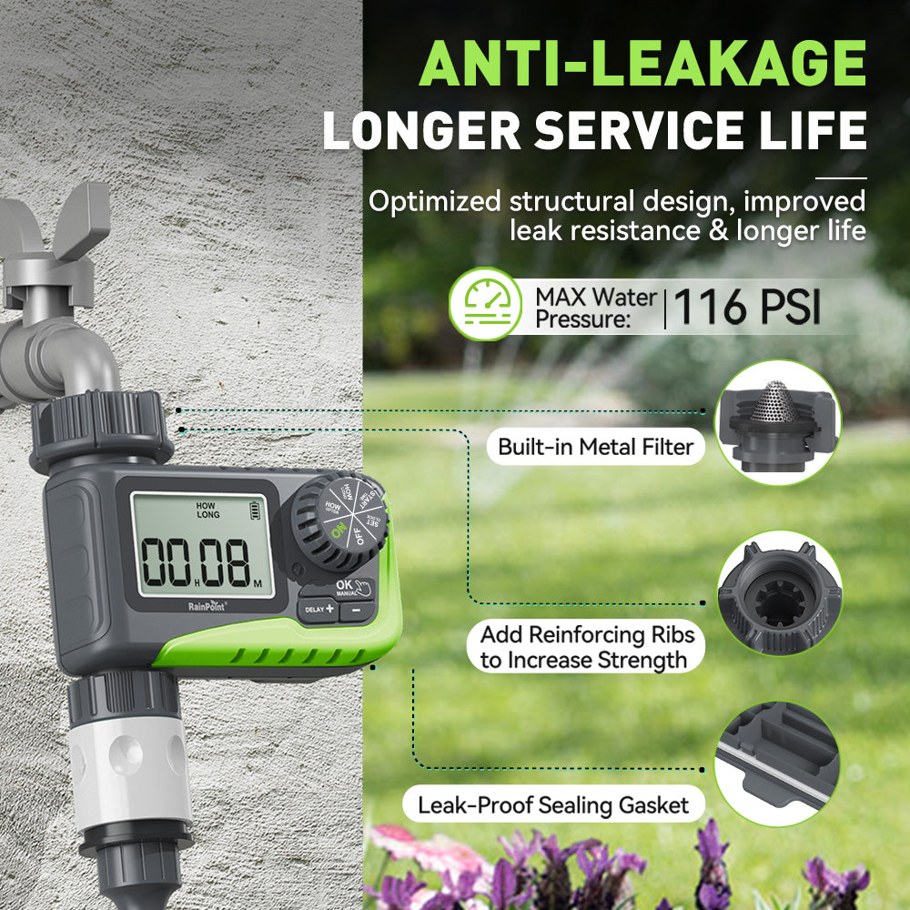 RAINPOINT Sprinkler Timer, Programmable Water Timer for Garden Hose, Outdoor Soaker Hose Timer with Rain Delay/Manual/Automatic Watering System, Digital Irrigation Timer for Yard, Lawn, 1 Outlet