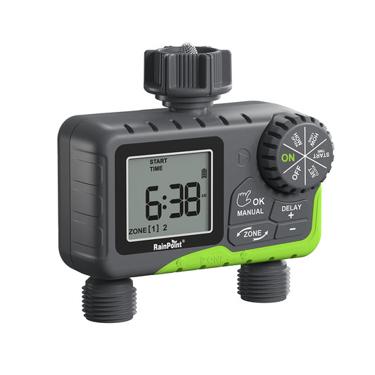 RAINPOINT Water Timer for Garden Hose - 2 Zone Sprinkler Timer with Rain Delay/Manual Watering/Automatic Irrigation Controller System - Water Hose Timer Programmable Faucet Timer for Yard Lawn