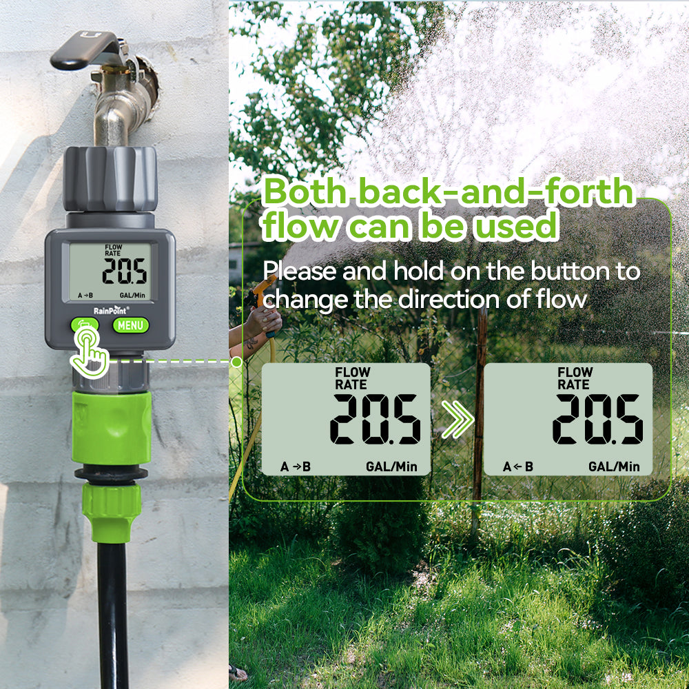 RAINPOINT Bi-Directional Measurement Digital Water Flow Meter for RV Tank Hose with Gallon/Liter Switch Indoor, Consumption & Flow Rate Monitor for Outdoor Garden Hose Sprinkler Bandit Travel Trailer