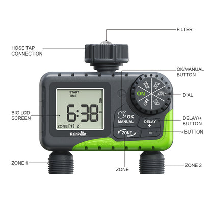 RAINPOINT Water Timer for Garden Hose - 2 Zone Sprinkler Timer with Rain Delay/Manual Watering/Automatic Irrigation Controller System - Water Hose Timer Programmable Faucet Timer for Yard Lawn