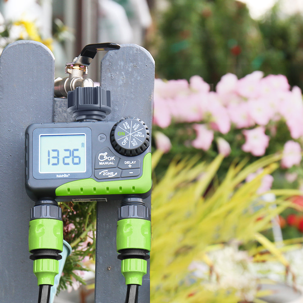 RAINPOINT Water Timer for Garden Hose - 2 Zone Sprinkler Timer with Rain Delay/Manual Watering/Automatic Irrigation Controller System - Water Hose Timer Programmable Faucet Timer for Yard Lawn