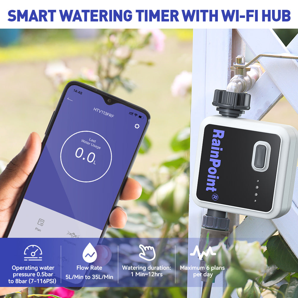 Rainpoint Sprinkler and Hose Timer, Wi-Fi Water Timer for Lawn Sprinkler, Smart Sprinkler Timer for Garden Hose Faucet, Wireless Control via WiFi Hub Socket, Smart Automatic Irrigation Timer