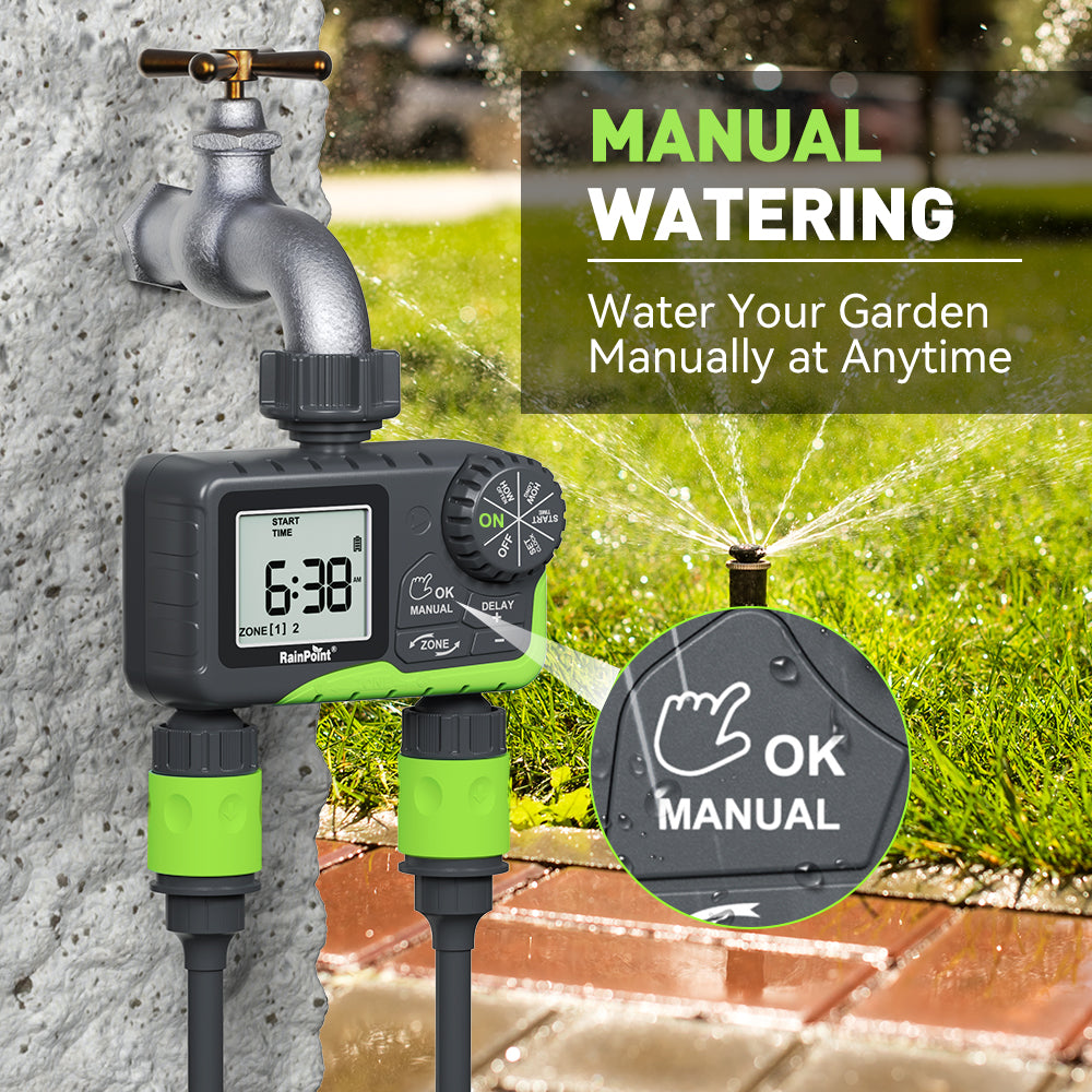 RAINPOINT Water Timer for Garden Hose - 2 Zone Sprinkler Timer with Rain Delay/Manual Watering/Automatic Irrigation Controller System - Water Hose Timer Programmable Faucet Timer for Yard Lawn
