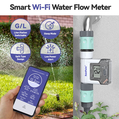 RainPoint Wi-Fi Water Flow Meter for Garden Hose - Smart Water Meter for Garden Hose with 4 Flow Modes, Real-Time Flow Tracking, Easy Reading Display, Usage Alerts - WiFi Gateway Hub not Included