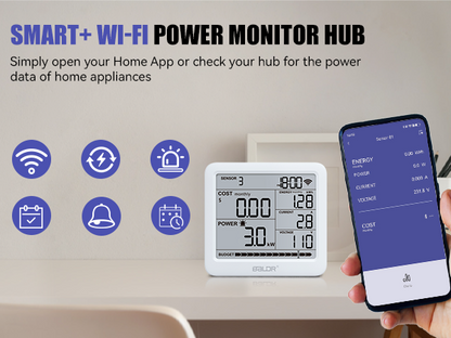 BALDR Wi-Fi Power Meter Hub with One Smart Socket - Remotely Monitor Energy Consumption, Set Tariffs & Budget Alerts - Expandable Energy Monitoring System for Multiple Appliances