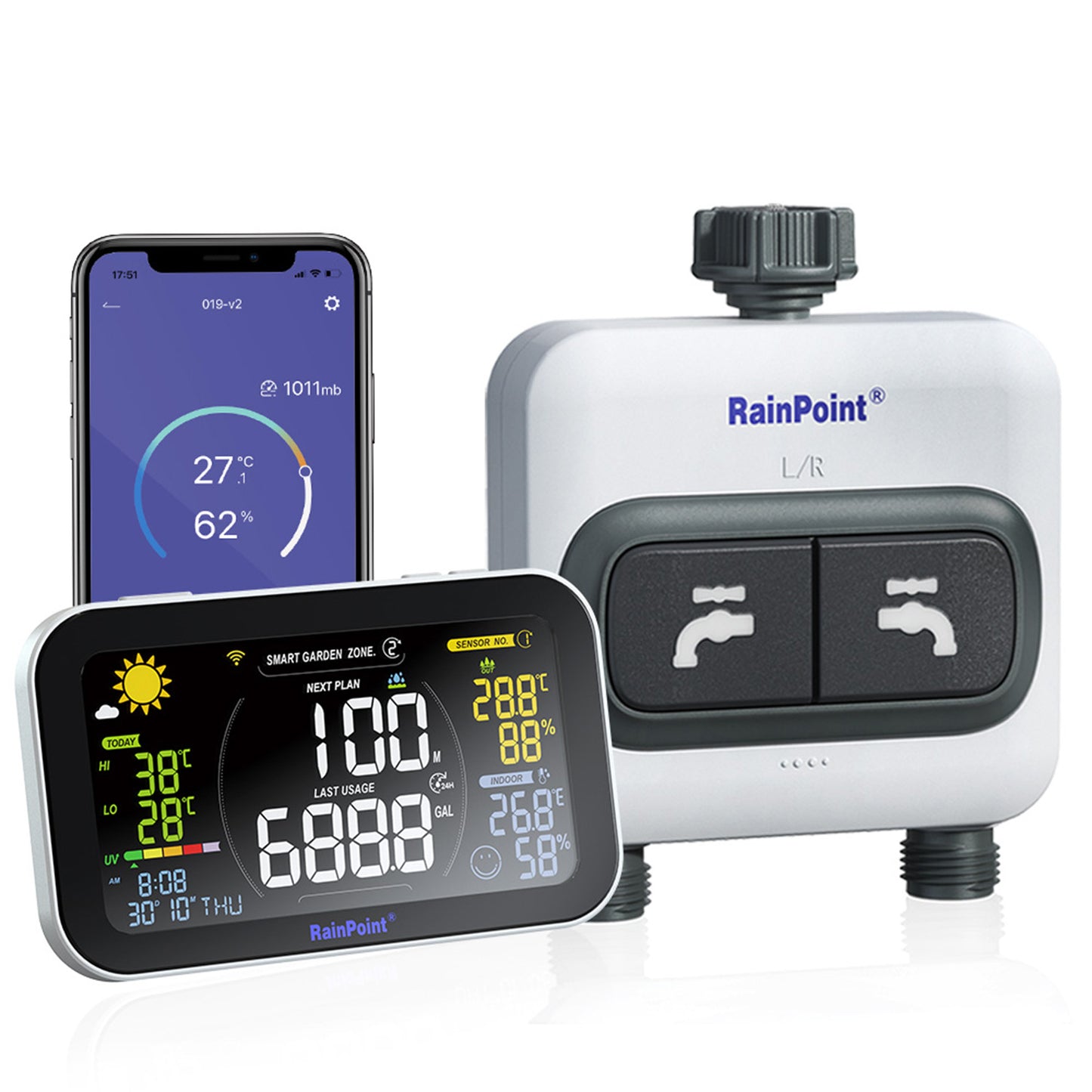 RAINPOINT 2-Zone WiFi Sprinkler Timer, Automatic Water Garden Irrigation System, 2.4GHz Wi-Fi App Controlled, Bundle with LCD Irrigation Display Hub