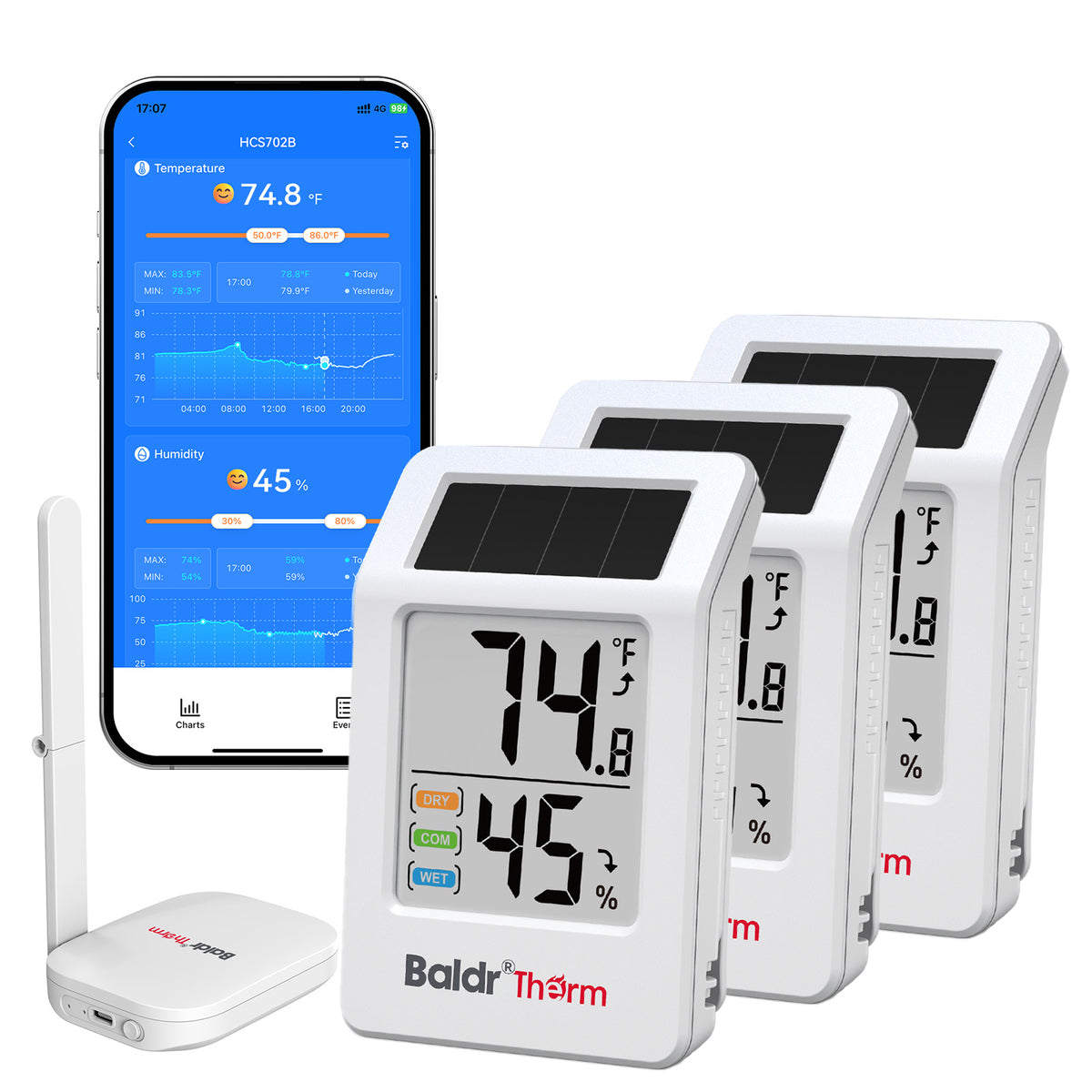 Three white BaldrTherm solar sensors, a white smart hub, and a smartphone displaying temperature and humidity data.