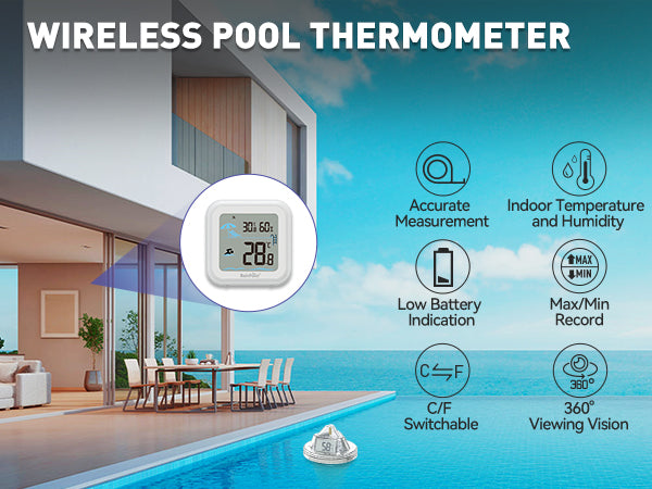 RAINPOINT Wireless Pool Thermometer - Accurate Swimming Pool and Pond Temperature Monitor with Indoor Display