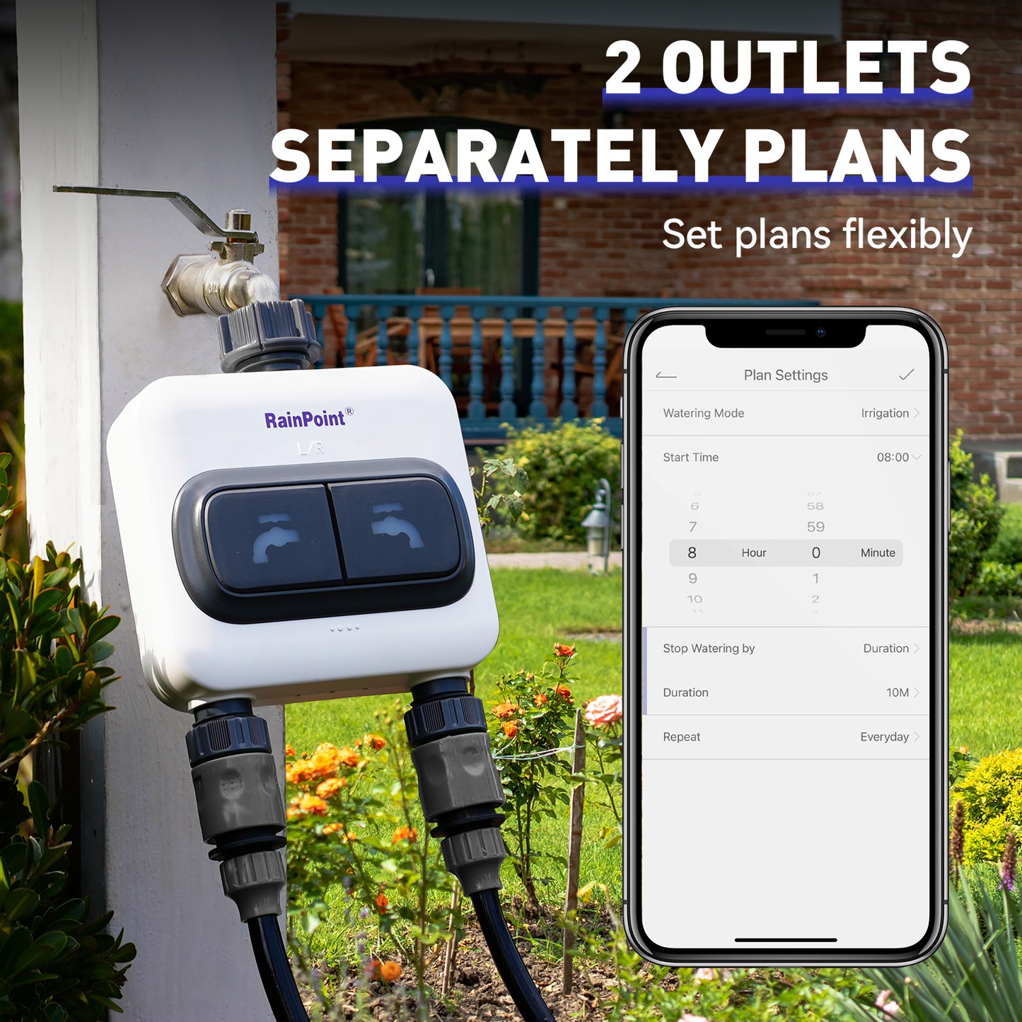 RAINPOINT 2-Zone WiFi Sprinkler Timer, Automatic Water Garden Irrigation System, 2.4GHz Wi-Fi App Controlled, Bundle with LCD Irrigation Display Hub