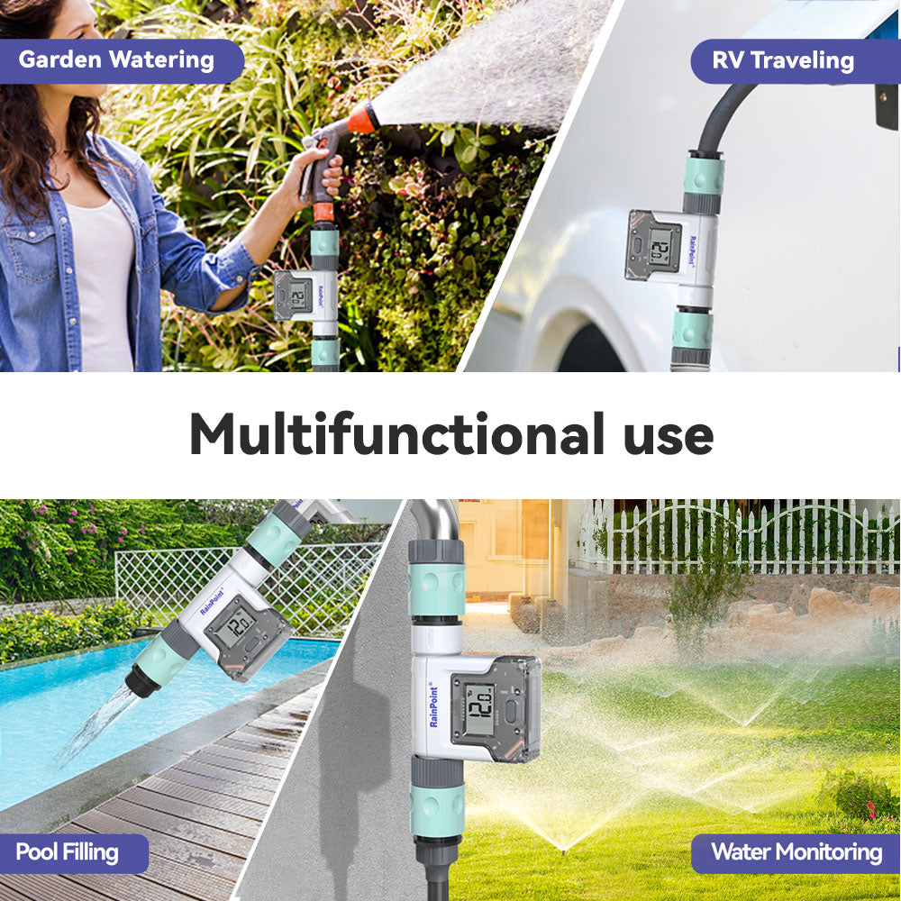 RainPoint Wi-Fi Water Flow Meter for Garden Hose - Smart Water Meter for Garden Hose with 4 Flow Modes, Real-Time Flow Tracking, Easy Reading Display, Usage Alerts - Optional WiFi Gateway Hub