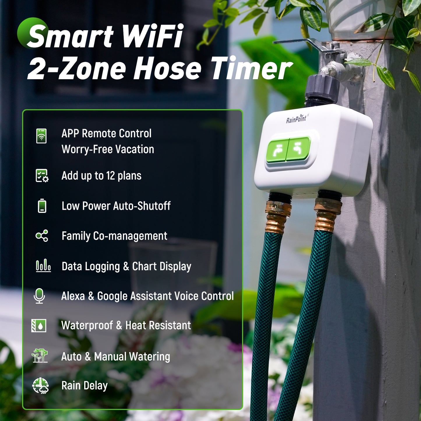 RainPoint 2-zone Wireless Smart Water Timer with Hub for Outdoor Irrigation, Rain Delay, APP Remote Control, WiFi Watering Timer for Garden Faucet with 2 Outlets, Automatic Schedules for Lawn,Garden,Yard