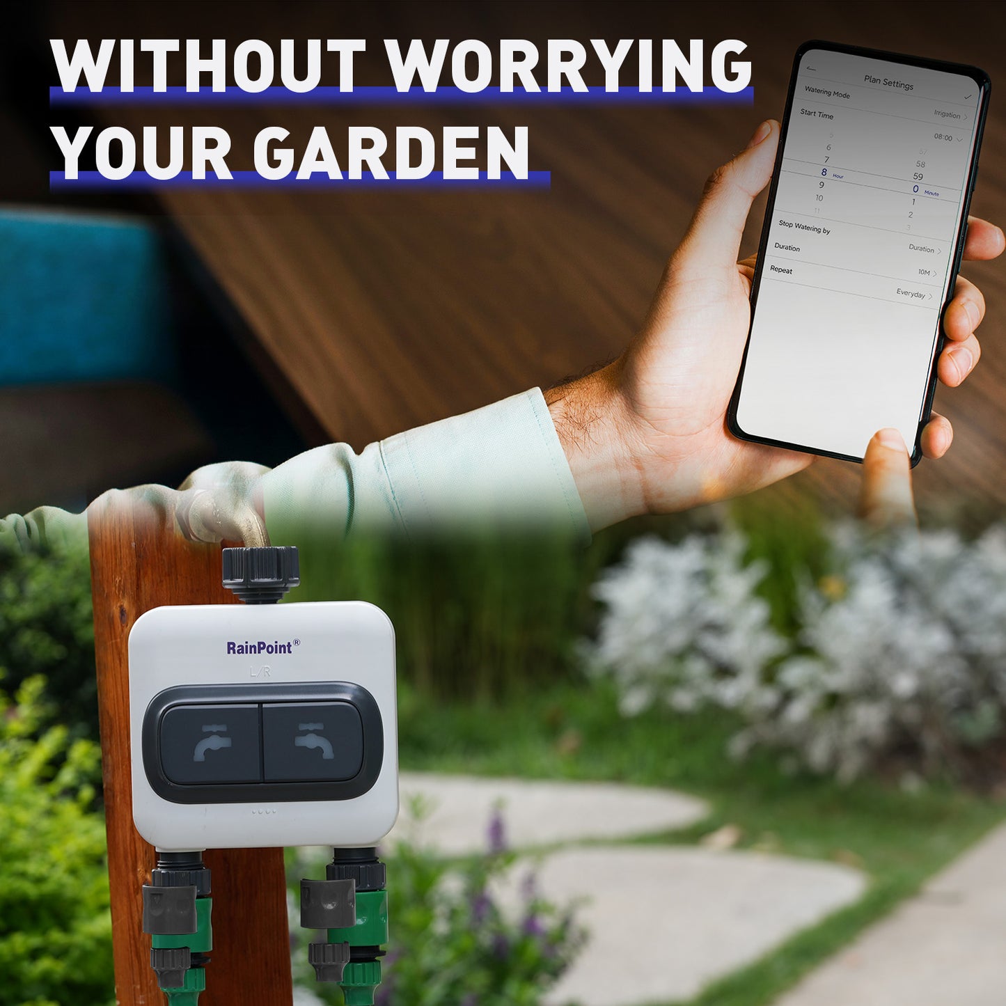 RAINPOINT 2-Zone WiFi Sprinkler Timer, Automatic Water Garden Irrigation System, 2.4GHz Wi-Fi App Controlled, Bundle with LCD Irrigation Display Hub