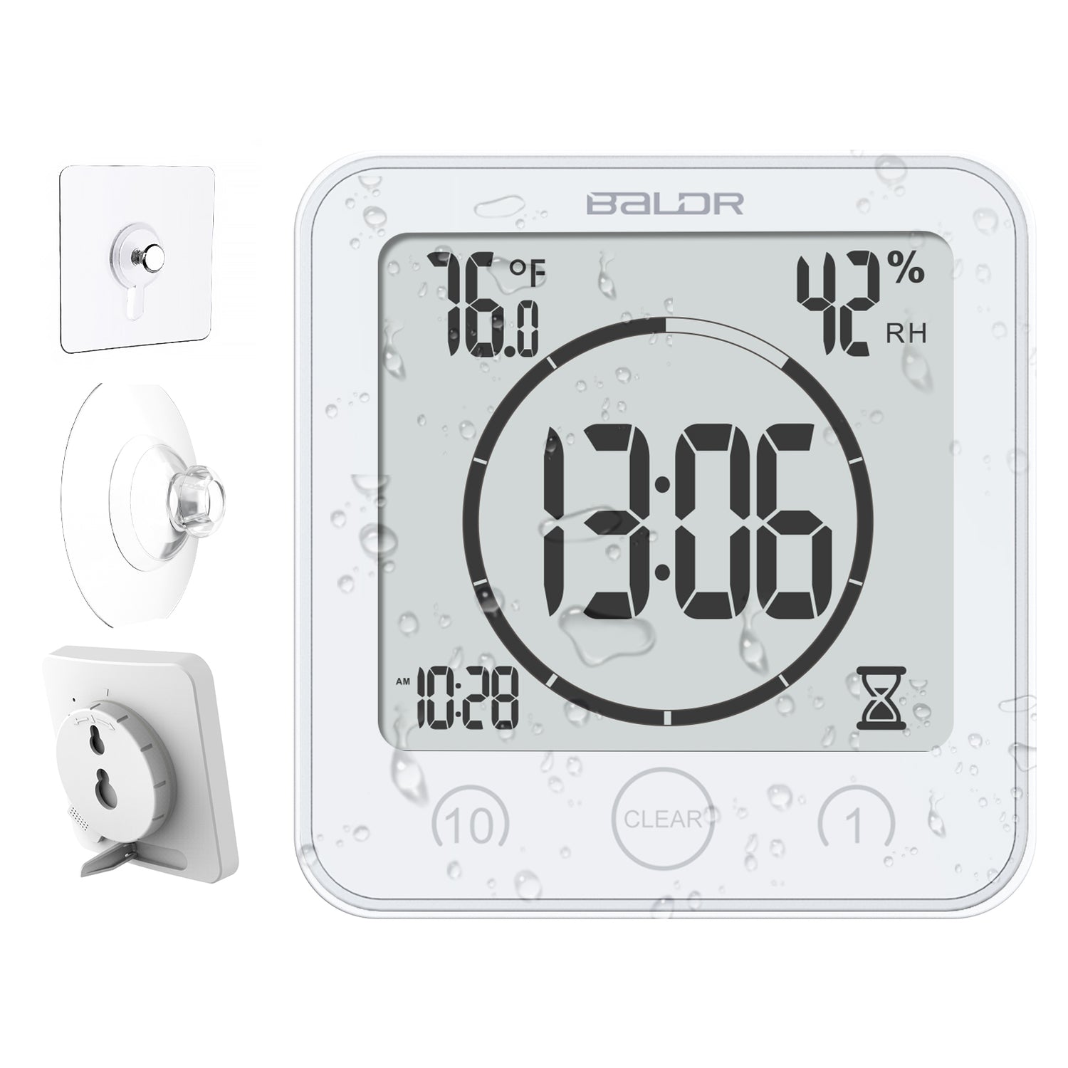 BALDR Waterproof Shower Clock with Timer, Temperature & Humidity Monitor