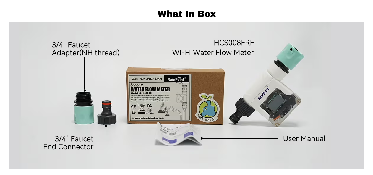 RainPoint Wi-Fi Water Flow Meter for Garden Hose - Smart Water Meter for Garden Hose with 4 Flow Modes, Real-Time Flow Tracking, Easy Reading Display, Usage Alerts - Optional WiFi Gateway Hub