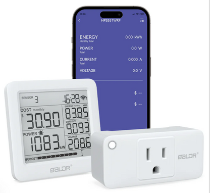 BALDR Wi-Fi Power Meter Hub with One Smart Socket - Remotely Monitor Energy Consumption, Set Tariffs & Budget Alerts - Expandable Energy Monitoring System for Multiple Appliances