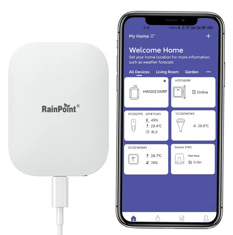RainPoint Wireless Wifi Gateway, Compatible with Rain Point Wireless Rain Gauge, Soil Moisture Meter, and other Add-on Sub Devices
