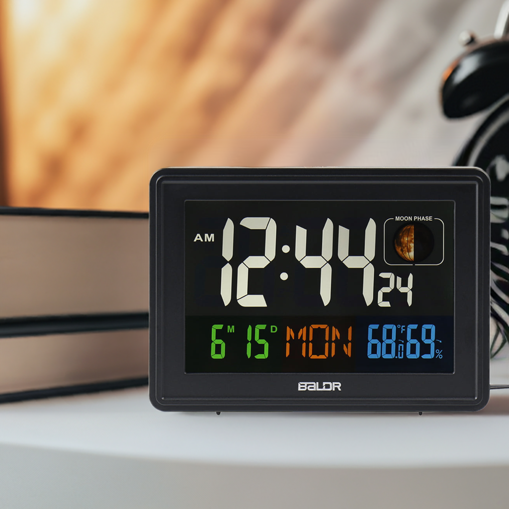 BALDR Atomic Alarm Clock - Large Color Display Digital Desk Clock with Indoor Thermometer, Humidity Sensor, and Real-Time Moon Phases