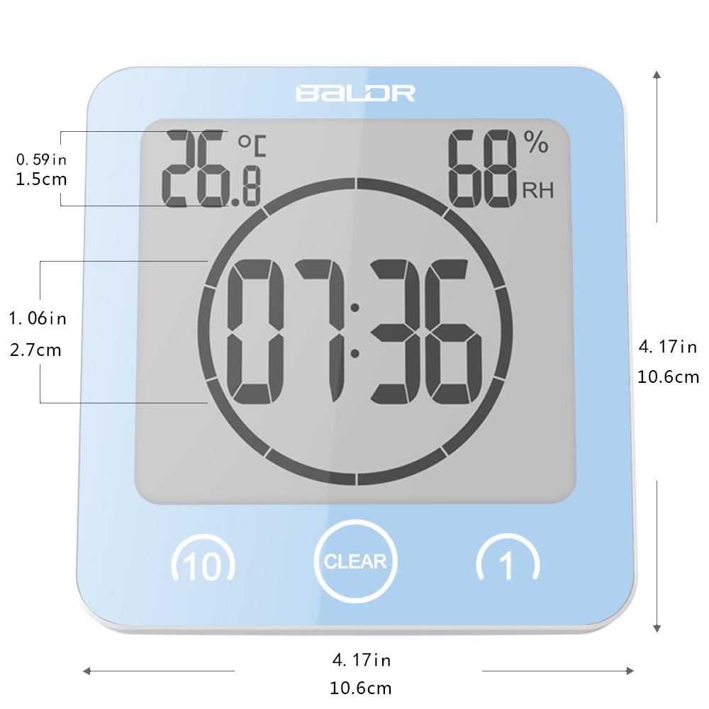 BALDR CL0007 Waterproof Alarm Clock with Timer for Bathroom Shower - Wall Mounted LCD Clock Displays Time, Temperature & Indoor Relative Humidity - BALDR Electronic