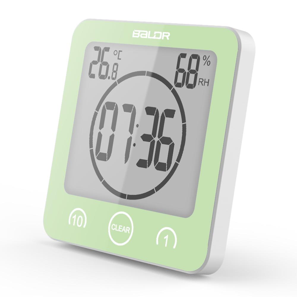 BALDR CL0007 Waterproof Alarm Clock with Timer for Bathroom Shower - Wall Mounted LCD Clock Displays Time, Temperature & Indoor Relative Humidity - BALDR Electronic