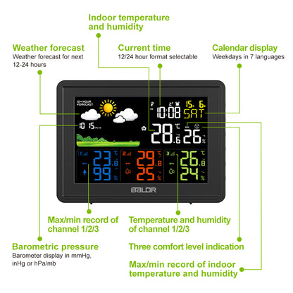 BALDR WS0359 Weather Station Wireless Indoor Outdoor with Temperature Monitor and 3 Remote sensors