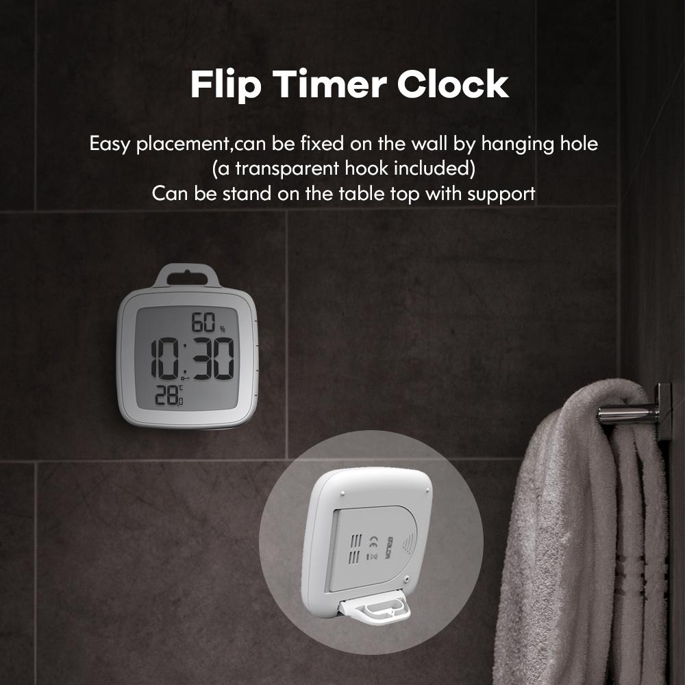 BALDR CL0008 Digital Shower Clock with Timer - Waterproof for Bathrooms - Displays Time, Temperature & Humidity - w/ Built-in Stand & Wall Mount Hole - BALDR Electronic