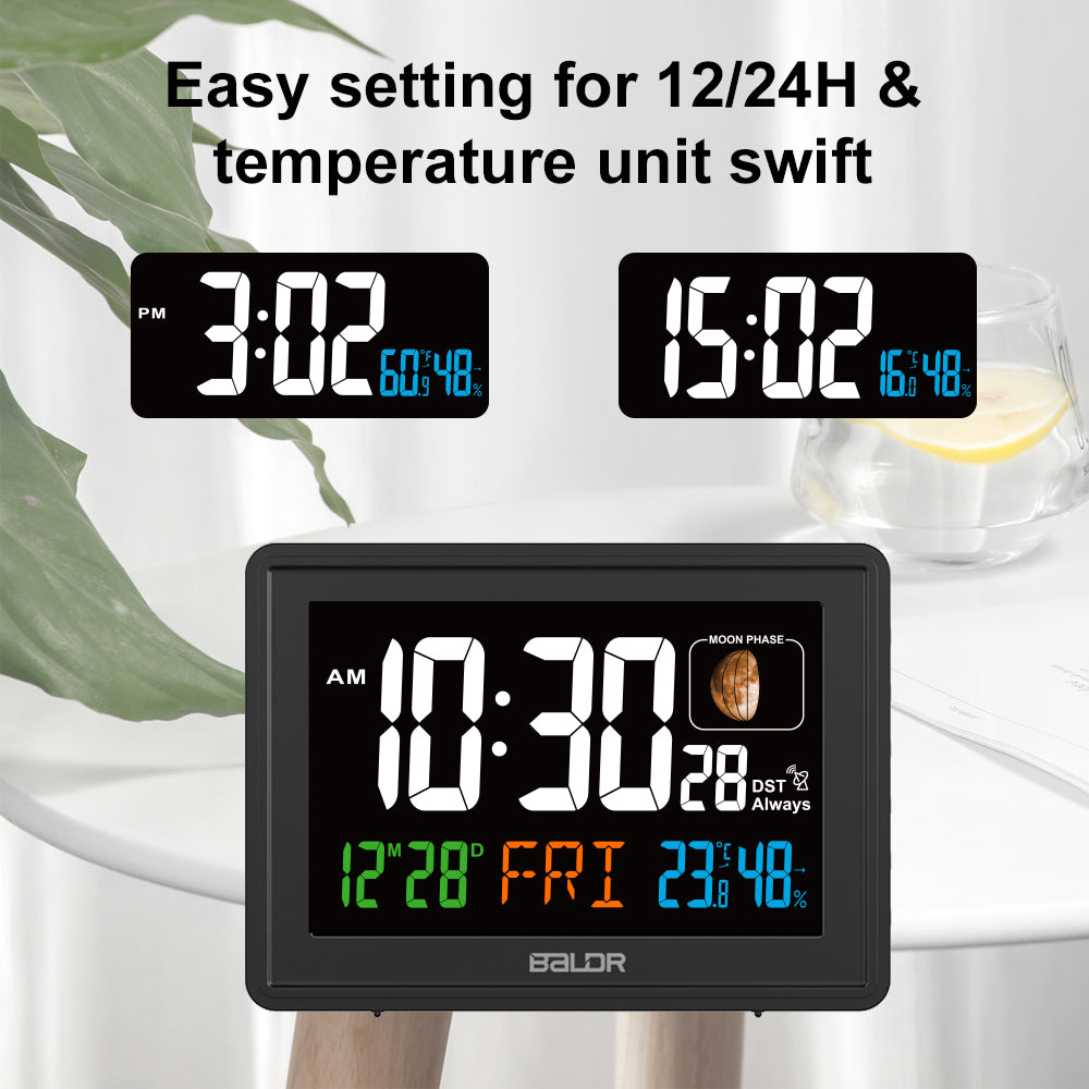 BALDR Atomic Alarm Clock - Large Color Display Digital Desk Clock with Indoor Thermometer, Humidity Sensor, and Real-Time Moon Phases