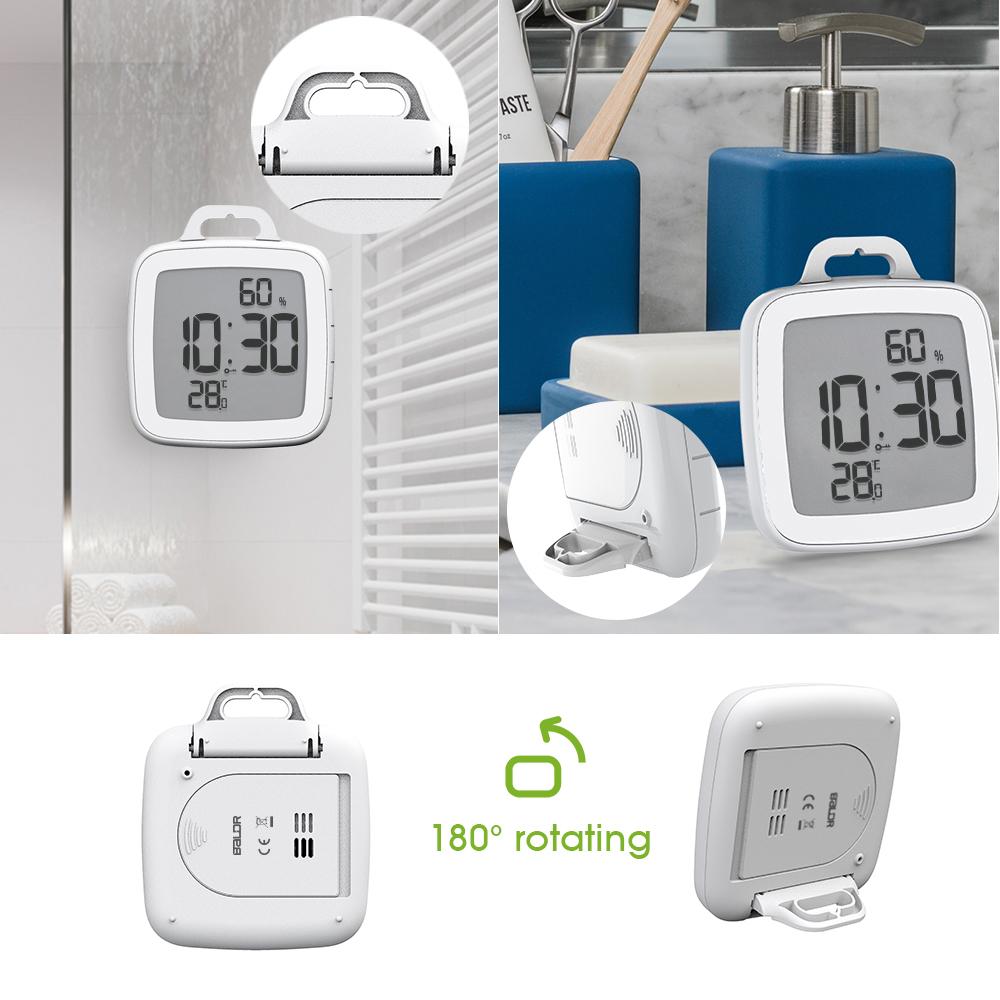 BALDR CL0008 Digital Shower Clock with Timer - Waterproof for Bathrooms - Displays Time, Temperature & Humidity - w/ Built-in Stand & Wall Mount Hole - BALDR Electronic