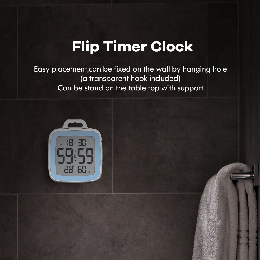 BALDR Waterproof Shower Clock with Timer for Bathrooms - Displays Time, Temperature & Humidity - w/ Built-in Stand & Wall Mount Hole