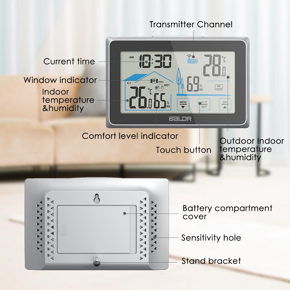 BALDR Digital Indoor Outdoor Thermometer & Hygrometer, Touch Screen, Wireless Weather Station, Temperature Monitor, Humidity Gauge,  with Back-Light - BALDR Electronic