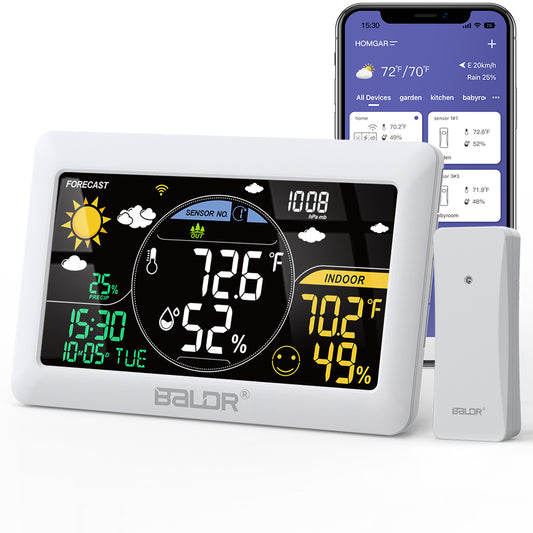 BALDR WiFi Weather Station, Smart Wireless Indoor Outdoor Thermometer with App and Online Real-time Forecast, One Remotely Monitor Temperature Sensor Included