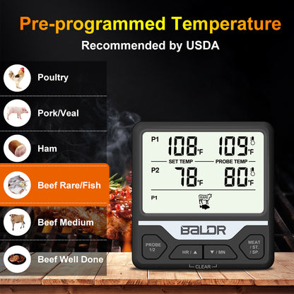 BALDR Dual Probe Digital Cooking Thermometer, Monitor Two Different Foods with Timer