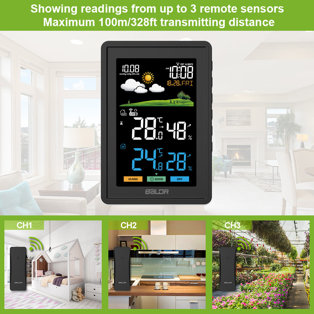 BALDR Home Wireless Indoor Outdoor Weather Station Thermometer - Color LCD  Display Weather Forecast with Outdoor Sensor, Clock, Digital Calendar 