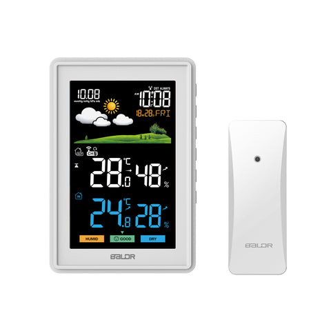 BALDR Weather Station Wireless Indoor Outdoor Thermometer - Color LCD Display Weather Forecast - Atomic Wall Clock