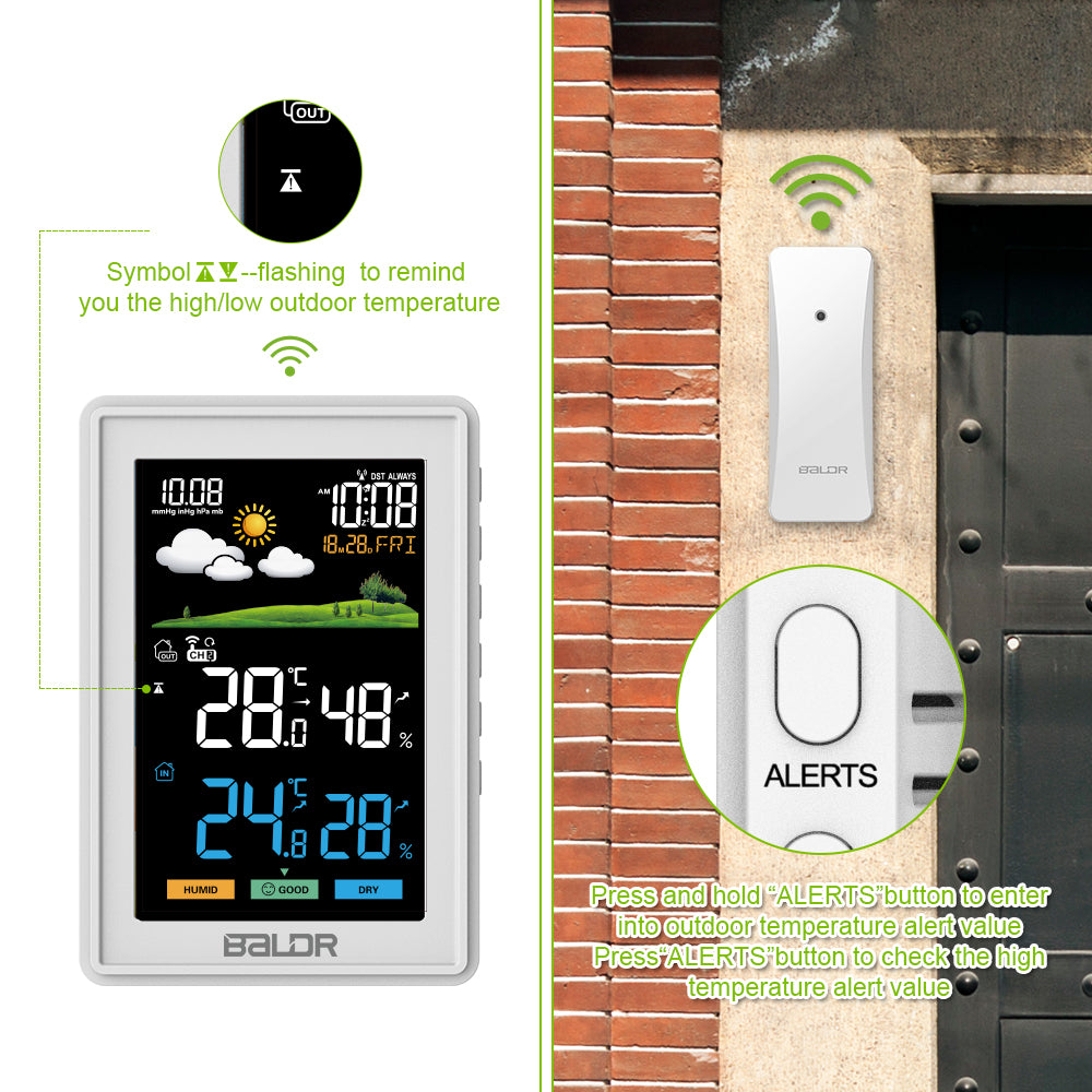 BALDR Wireless Weather Station with Outdoor Sensor, Digital Colour Display, DCF Radio Clock, Indoor & Outdoor, Thermometer, Hygrometer, Wireless Weather Station with Weather Forecast (Black Sensor BALDR Wireless Weather Station with Outdoor Sensor, Digital Colour Display, DCF Radio Clock, Indoor & Outdoor, Thermometer, Hygrometer, Wireless Weather Station with Weather Forecast (Black Sensor